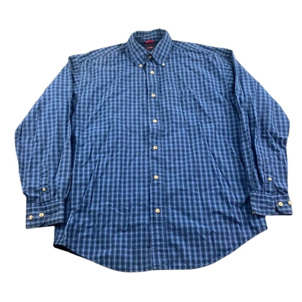 Wrangler Button Down Shirt Men M Long Sleeve Plaid Check Blue Cotton Premium